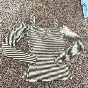 Chic Olive and White Off The Shoulder Striped Long Sleeve Top